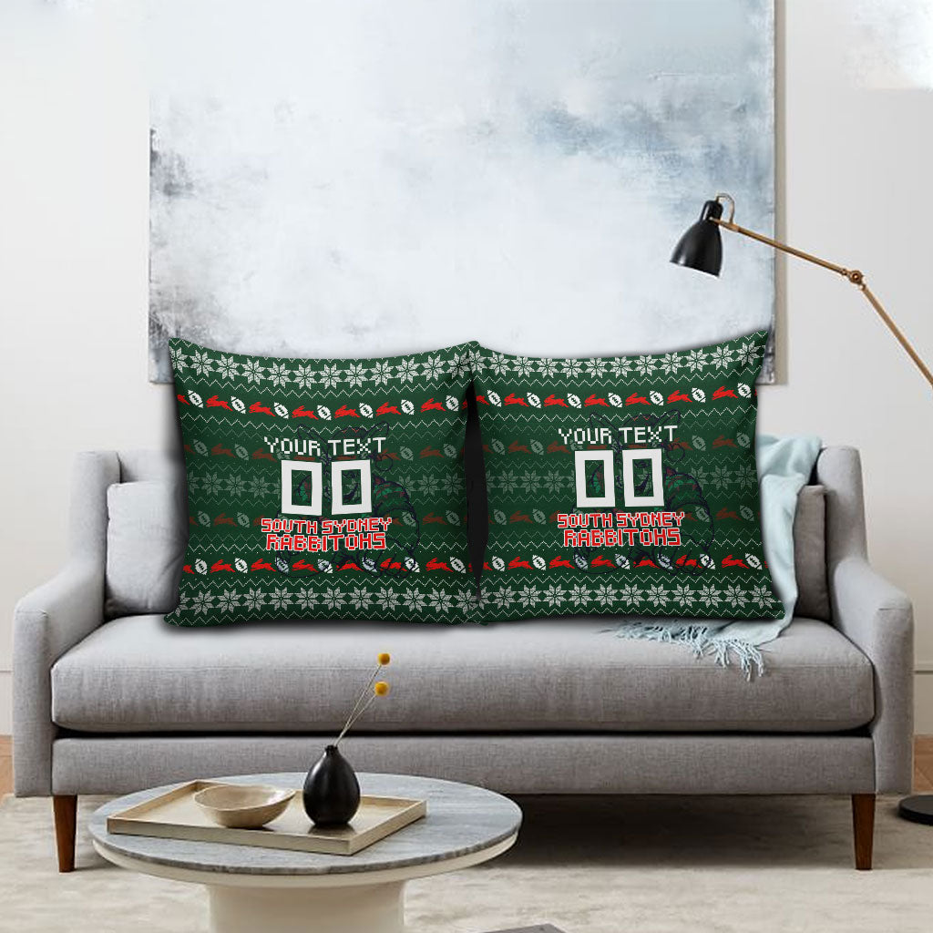 Personalized South Sydney Rabbitohs Christmas Pillow Cover Australian Rugby Fans - Pixelated Ugly Xmas Pattern Mascot Santa