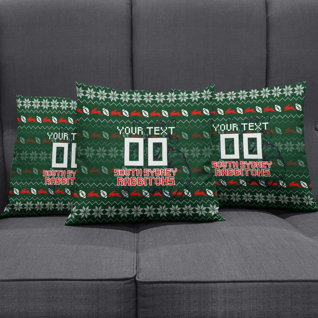 Personalized South Sydney Rabbitohs Christmas Pillow Cover Australian Rugby Fans - Pixelated Ugly Xmas Pattern Mascot Santa