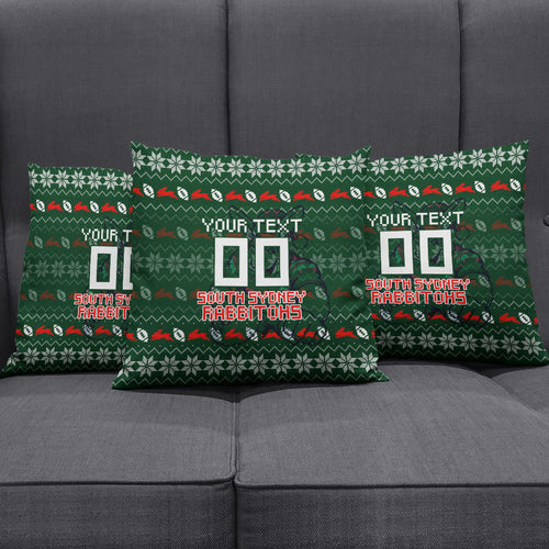 Personalized South Sydney Rabbitohs Christmas Pillow Cover Australian Rugby Fans - Pixelated Ugly Xmas Pattern Mascot Santa
