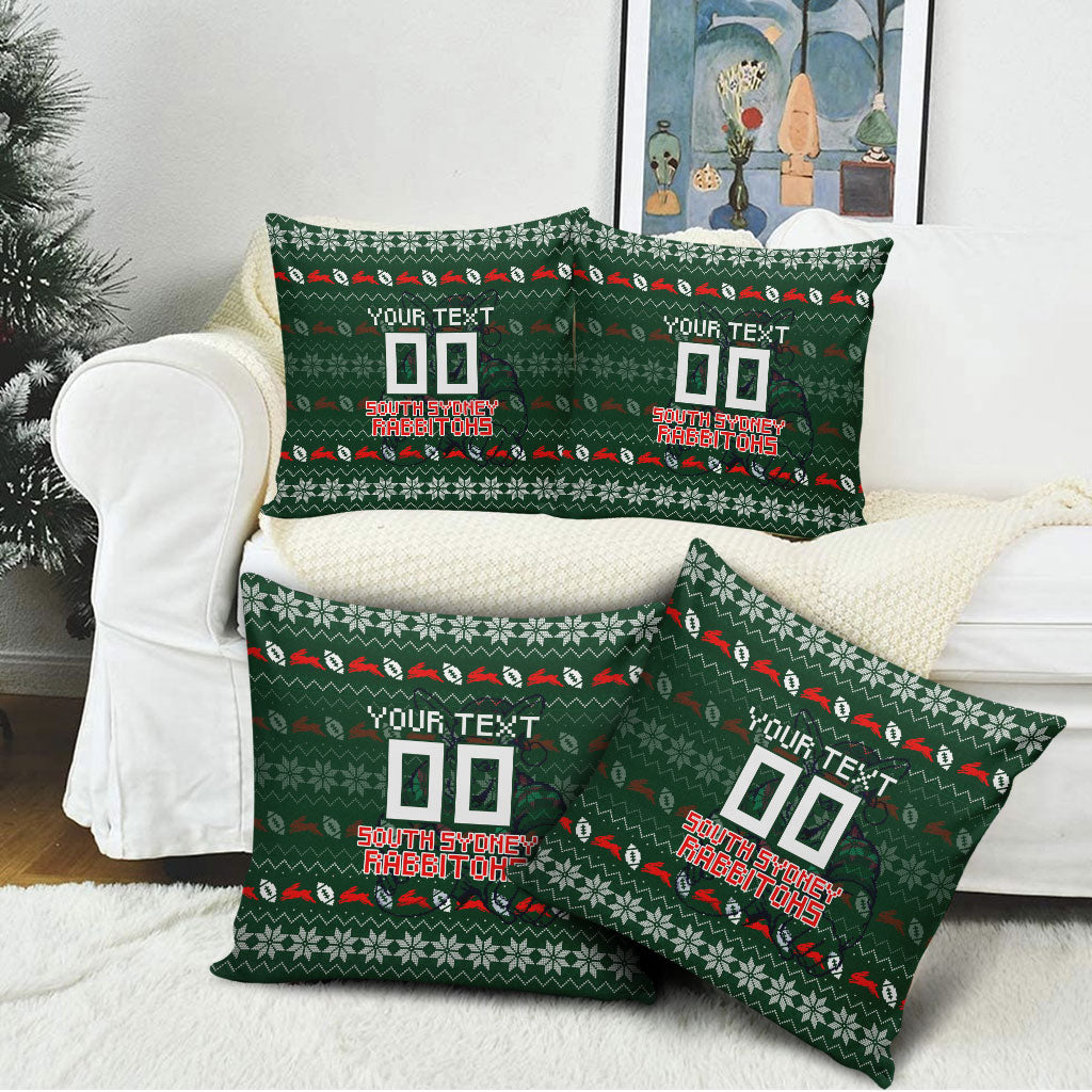 Personalized South Sydney Rabbitohs Christmas Pillow Cover Australian Rugby Fans - Pixelated Ugly Xmas Pattern Mascot Santa
