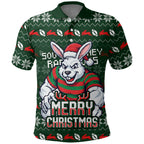 Personalized South Sydney Rabbitohs Christmas Polo Shirt Australian Rugby Fans - Pixelated Ugly Xmas Pattern Mascot Santa