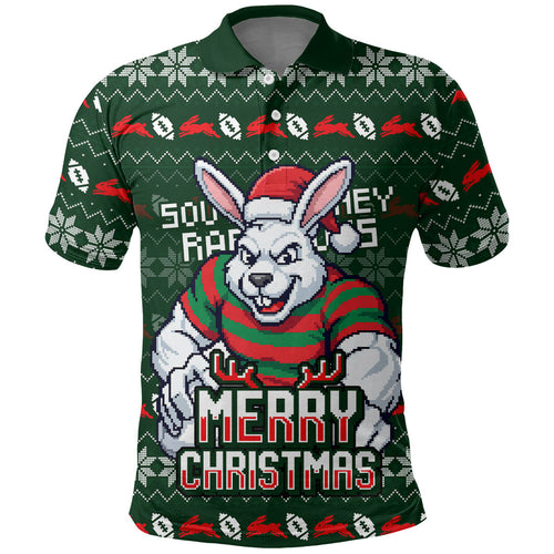 Personalized South Sydney Rabbitohs Christmas Polo Shirt Australian Rugby Fans - Pixelated Ugly Xmas Pattern Mascot Santa