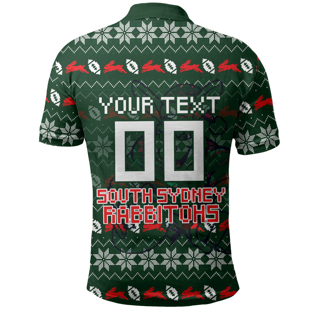 Personalized South Sydney Rabbitohs Christmas Polo Shirt Australian Rugby Fans - Pixelated Ugly Xmas Pattern Mascot Santa