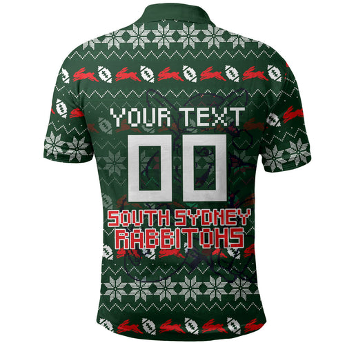 Personalized South Sydney Rabbitohs Christmas Polo Shirt Australian Rugby Fans - Pixelated Ugly Xmas Pattern Mascot Santa
