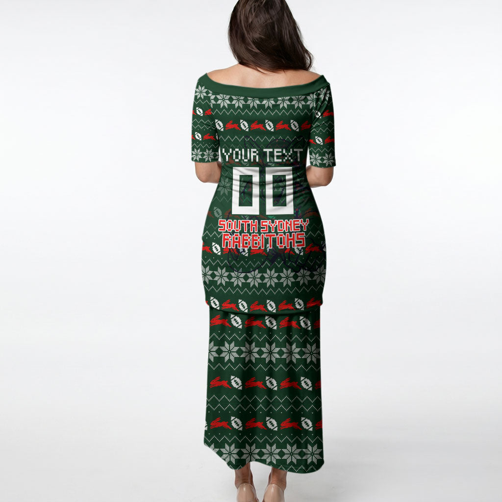 Personalized South Sydney Rabbitohs Christmas Puletasi Australian Rugby Fans - Pixelated Ugly Xmas Pattern Mascot Santa