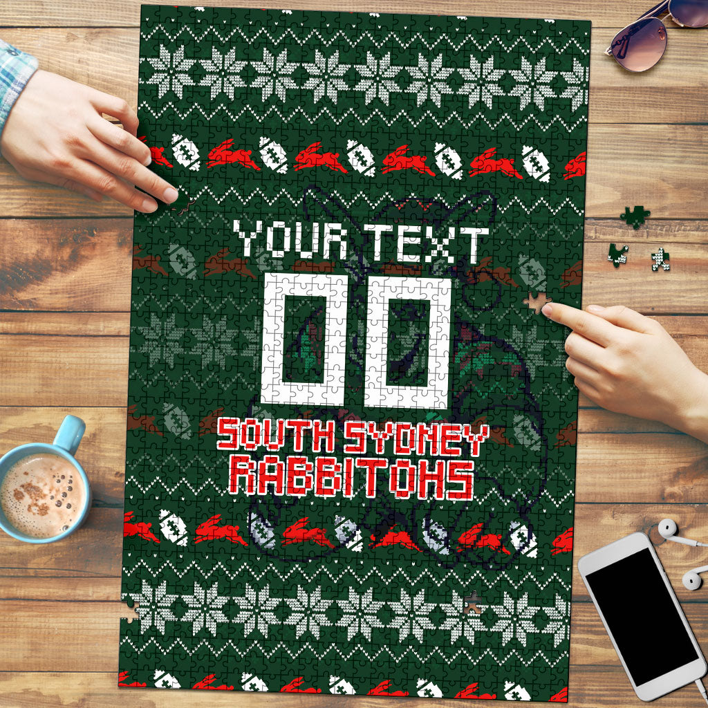 Personalized South Sydney Rabbitohs Christmas Puzzle Australian Rugby Fans - Pixelated Ugly Xmas Pattern Mascot Santa