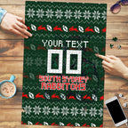 Personalized South Sydney Rabbitohs Christmas Puzzle Australian Rugby Fans - Pixelated Ugly Xmas Pattern Mascot Santa