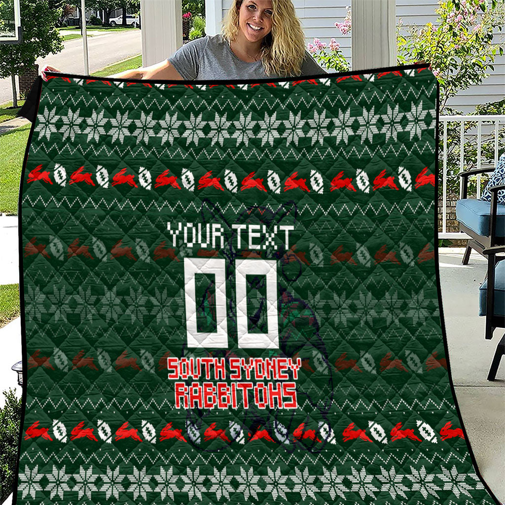 Personalized South Sydney Rabbitohs Christmas Quilt Australian Rugby Fans - Pixelated Ugly Xmas Pattern Mascot Santa