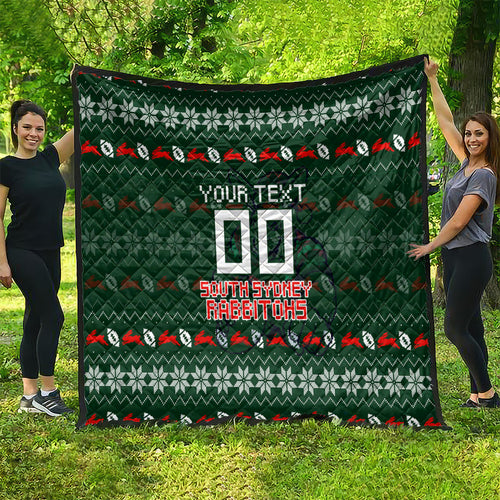 Personalized South Sydney Rabbitohs Christmas Quilt Australian Rugby Fans - Pixelated Ugly Xmas Pattern Mascot Santa