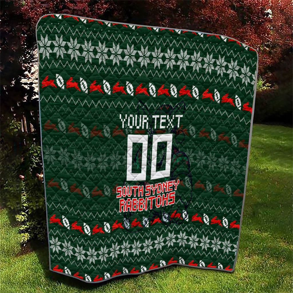 Personalized South Sydney Rabbitohs Christmas Quilt Australian Rugby Fans - Pixelated Ugly Xmas Pattern Mascot Santa