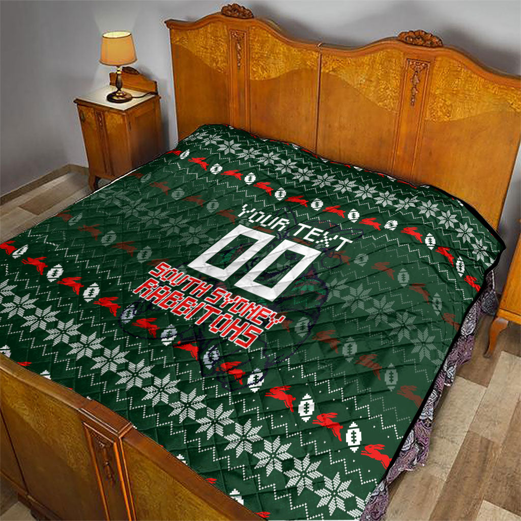Personalized South Sydney Rabbitohs Christmas Quilt Australian Rugby Fans - Pixelated Ugly Xmas Pattern Mascot Santa