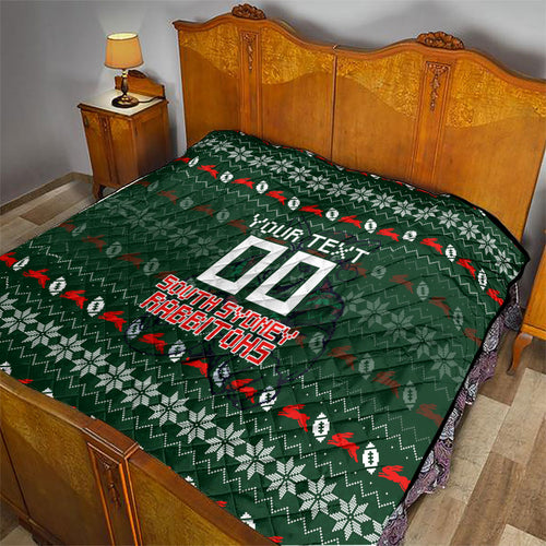 Personalized South Sydney Rabbitohs Christmas Quilt Australian Rugby Fans - Pixelated Ugly Xmas Pattern Mascot Santa