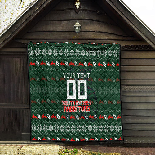 Personalized South Sydney Rabbitohs Christmas Quilt Australian Rugby Fans - Pixelated Ugly Xmas Pattern Mascot Santa
