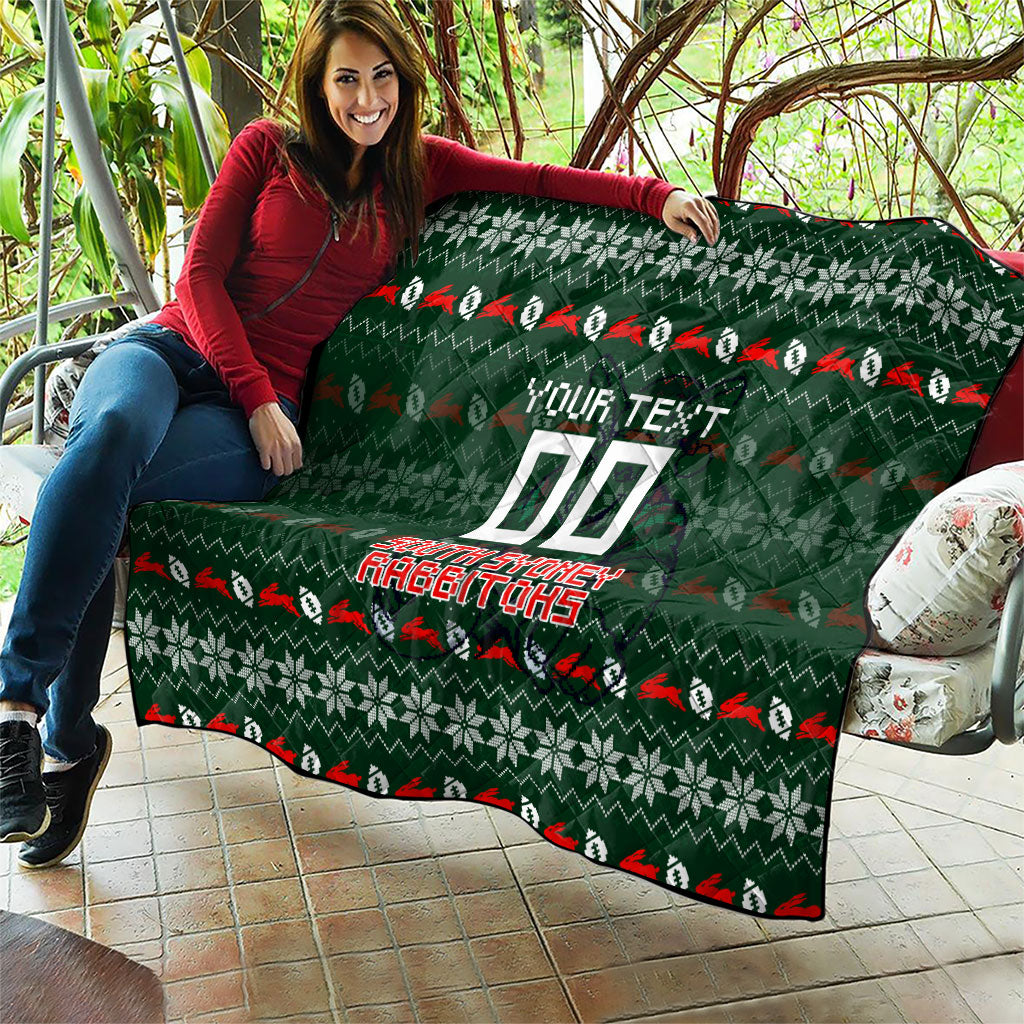 Personalized South Sydney Rabbitohs Christmas Quilt Australian Rugby Fans - Pixelated Ugly Xmas Pattern Mascot Santa
