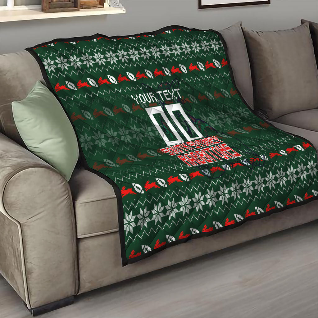 Personalized South Sydney Rabbitohs Christmas Quilt Australian Rugby Fans - Pixelated Ugly Xmas Pattern Mascot Santa