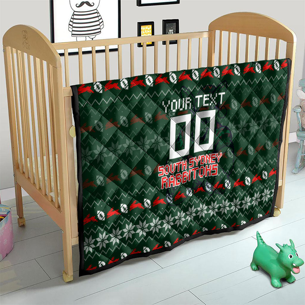 Personalized South Sydney Rabbitohs Christmas Quilt Australian Rugby Fans - Pixelated Ugly Xmas Pattern Mascot Santa
