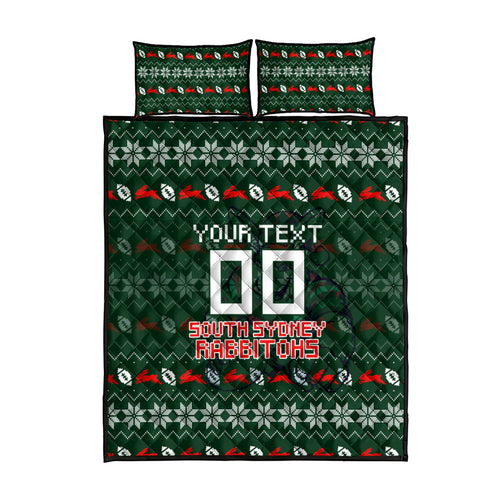 Personalized South Sydney Rabbitohs Christmas Quilt Bed Set Australian Rugby Fans - Pixelated Ugly Xmas Pattern Mascot Santa