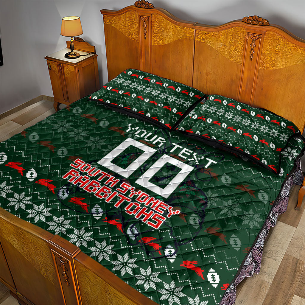 Personalized South Sydney Rabbitohs Christmas Quilt Bed Set Australian Rugby Fans - Pixelated Ugly Xmas Pattern Mascot Santa