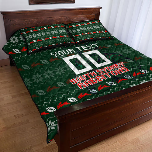 Personalized South Sydney Rabbitohs Christmas Quilt Bed Set Australian Rugby Fans - Pixelated Ugly Xmas Pattern Mascot Santa