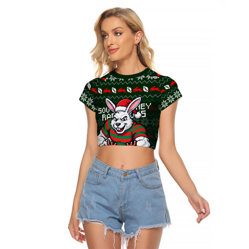 Personalized South Sydney Rabbitohs Christmas Raglan Cropped T Shirt Australian Rugby Fans - Pixelated Ugly Xmas Pattern Mascot Santa