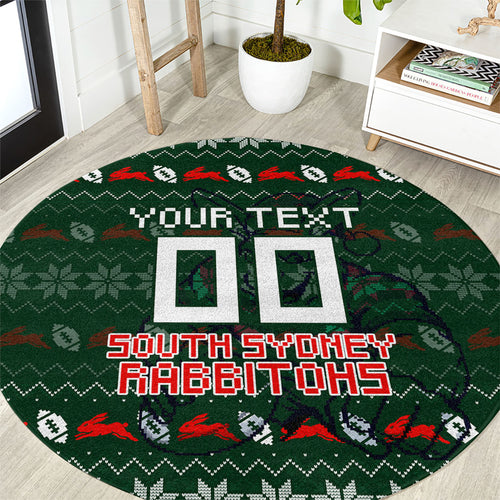 Personalized South Sydney Rabbitohs Christmas Round Carpet Australian Rugby Fans - Pixelated Ugly Xmas Pattern Mascot Santa