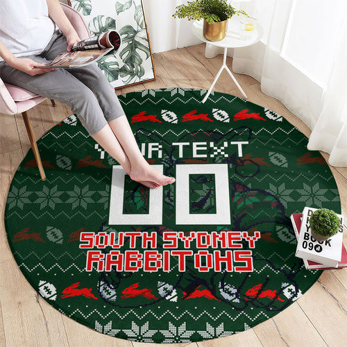 Personalized South Sydney Rabbitohs Christmas Round Carpet Australian Rugby Fans - Pixelated Ugly Xmas Pattern Mascot Santa