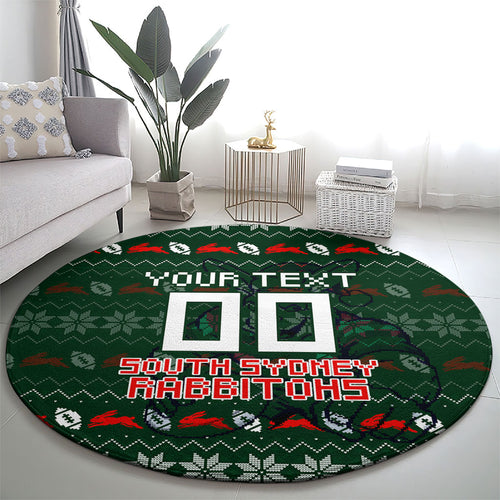 Personalized South Sydney Rabbitohs Christmas Round Carpet Australian Rugby Fans - Pixelated Ugly Xmas Pattern Mascot Santa