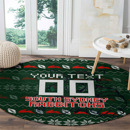 Personalized South Sydney Rabbitohs Christmas Round Carpet Australian Rugby Fans - Pixelated Ugly Xmas Pattern Mascot Santa