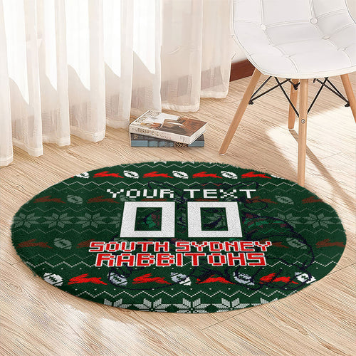 Personalized South Sydney Rabbitohs Christmas Round Carpet Australian Rugby Fans - Pixelated Ugly Xmas Pattern Mascot Santa