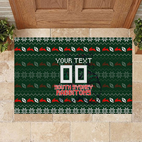 Personalized South Sydney Rabbitohs Christmas Rubber Doormat Australian Rugby Fans - Pixelated Ugly Xmas Pattern Mascot Santa
