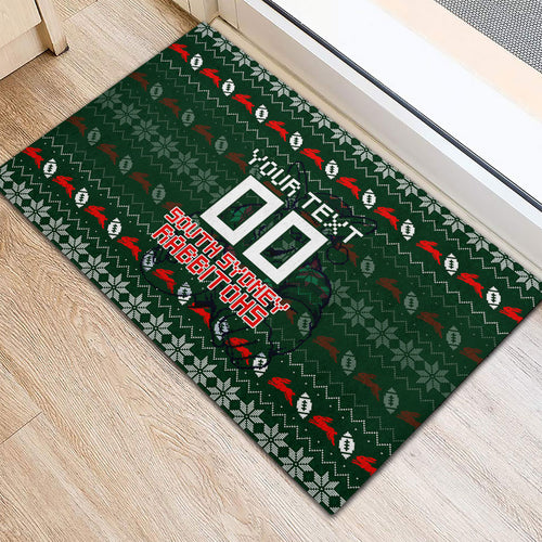 Personalized South Sydney Rabbitohs Christmas Rubber Doormat Australian Rugby Fans - Pixelated Ugly Xmas Pattern Mascot Santa