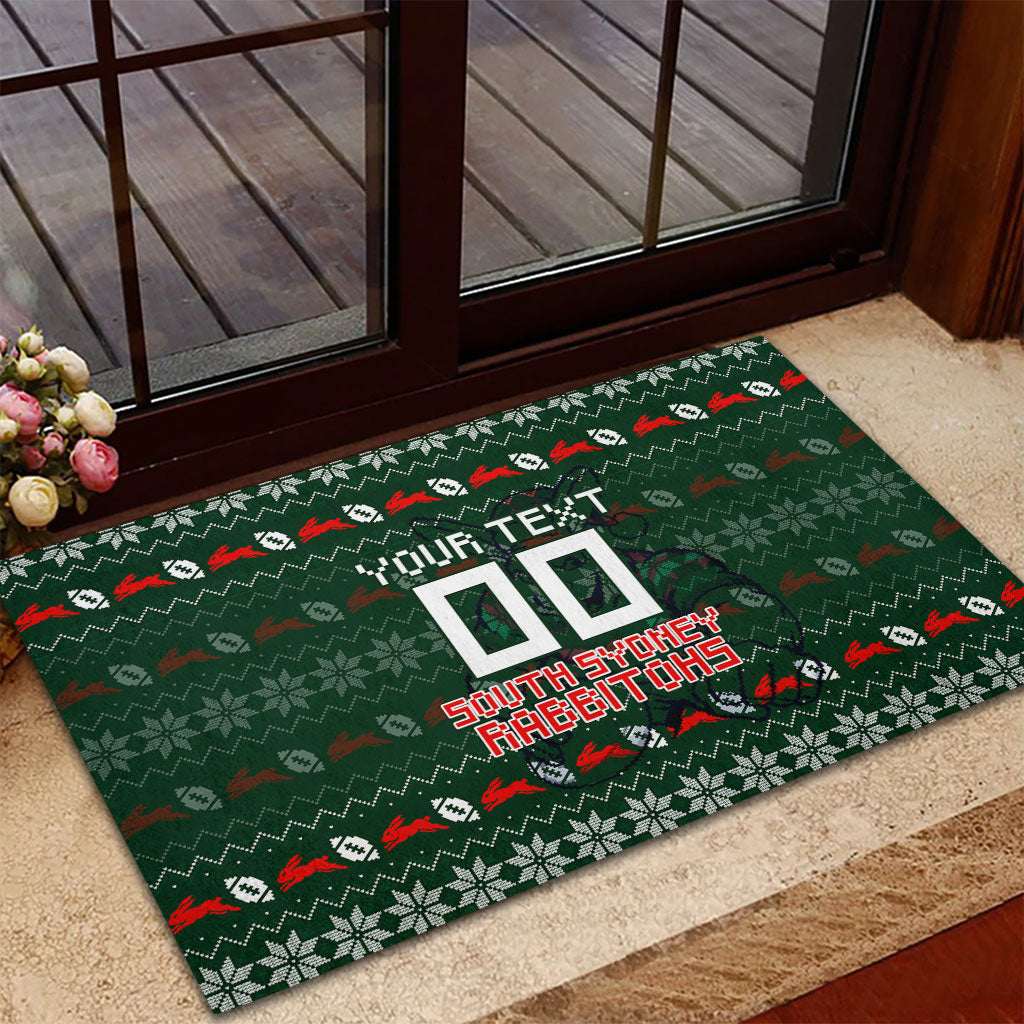 Personalized South Sydney Rabbitohs Christmas Rubber Doormat Australian Rugby Fans - Pixelated Ugly Xmas Pattern Mascot Santa