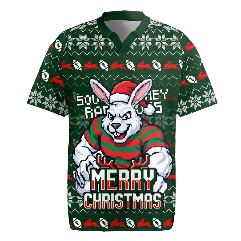 Personalized South Sydney Rabbitohs Christmas Rugby Jersey Australian Rugby Fans - Pixelated Ugly Xmas Pattern Mascot Santa