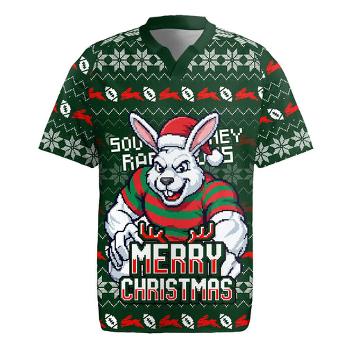 Personalized South Sydney Rabbitohs Christmas Rugby Jersey Australian Rugby Fans - Pixelated Ugly Xmas Pattern Mascot Santa