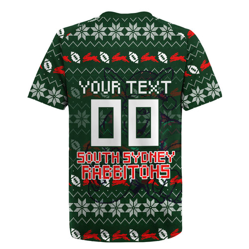 Personalized South Sydney Rabbitohs Christmas Rugby Jersey Australian Rugby Fans - Pixelated Ugly Xmas Pattern Mascot Santa