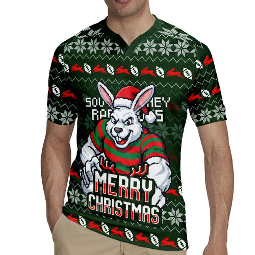 Personalized South Sydney Rabbitohs Christmas Rugby Jersey Australian Rugby Fans - Pixelated Ugly Xmas Pattern Mascot Santa