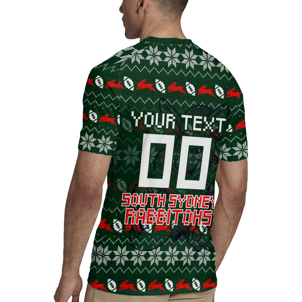 Personalized South Sydney Rabbitohs Christmas Rugby Jersey Australian Rugby Fans - Pixelated Ugly Xmas Pattern Mascot Santa