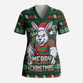 Personalized South Sydney Rabbitohs Christmas Scrub Top Australian Rugby Fans - Pixelated Ugly Xmas Pattern Mascot Santa