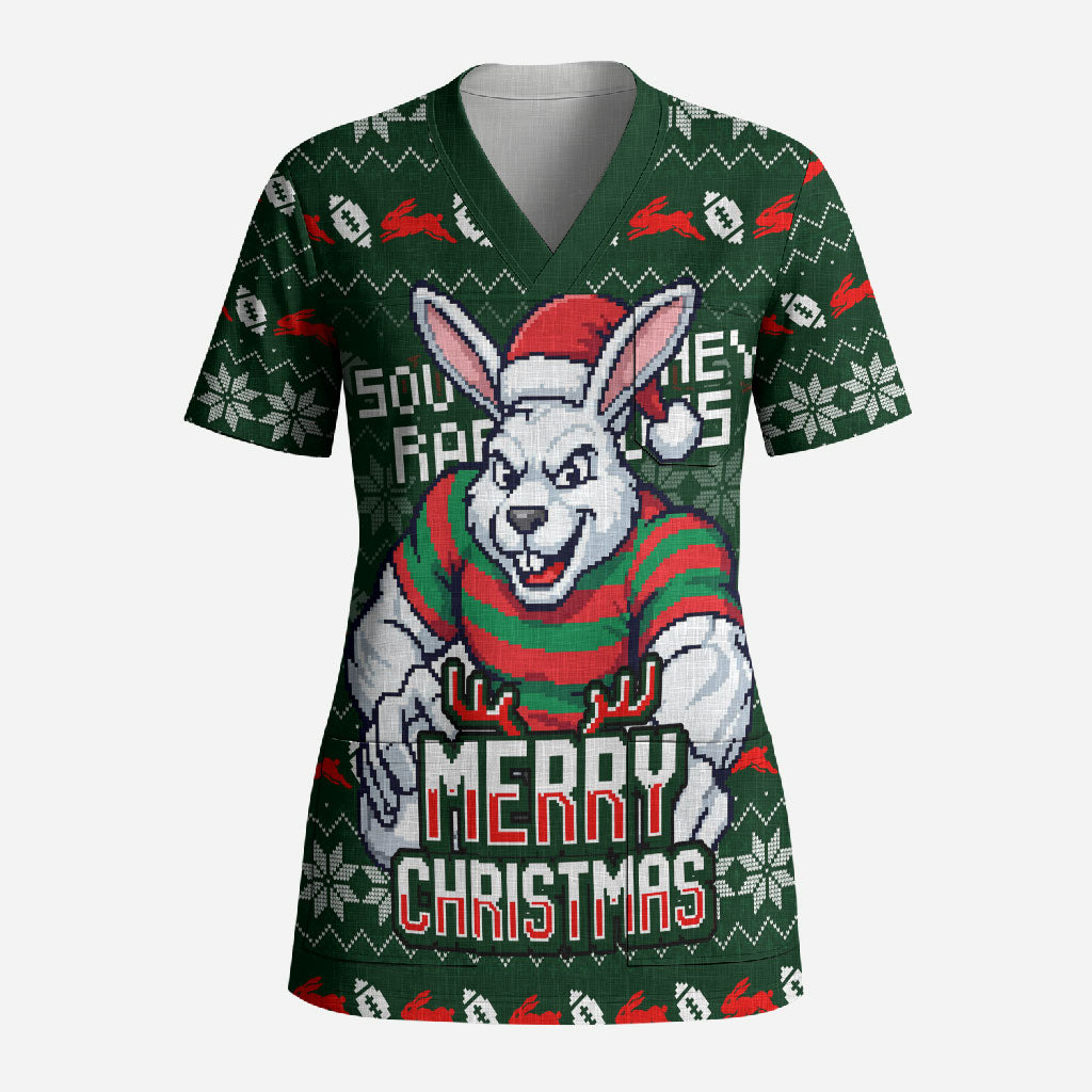 Personalized South Sydney Rabbitohs Christmas Scrub Top Australian Rugby Fans - Pixelated Ugly Xmas Pattern Mascot Santa