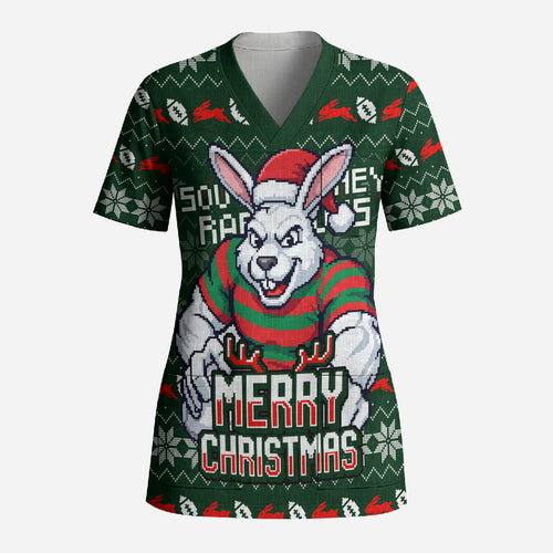 Personalized South Sydney Rabbitohs Christmas Scrub Top Australian Rugby Fans - Pixelated Ugly Xmas Pattern Mascot Santa
