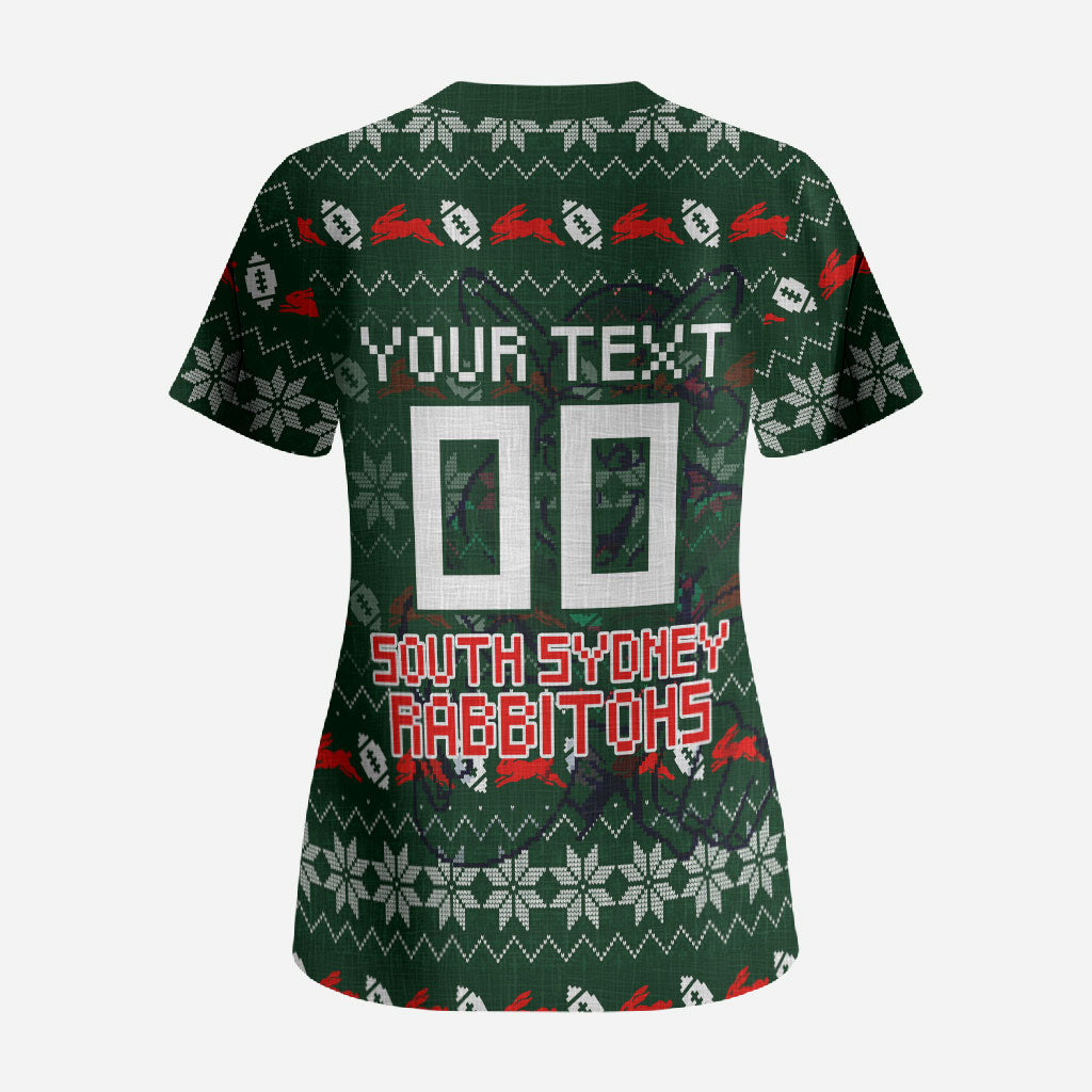 Personalized South Sydney Rabbitohs Christmas Scrub Top Australian Rugby Fans - Pixelated Ugly Xmas Pattern Mascot Santa