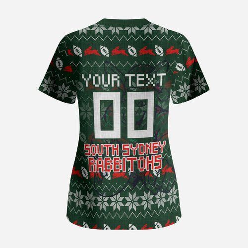 Personalized South Sydney Rabbitohs Christmas Scrub Top Australian Rugby Fans - Pixelated Ugly Xmas Pattern Mascot Santa