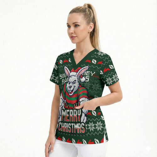 Personalized South Sydney Rabbitohs Christmas Scrub Top Australian Rugby Fans - Pixelated Ugly Xmas Pattern Mascot Santa