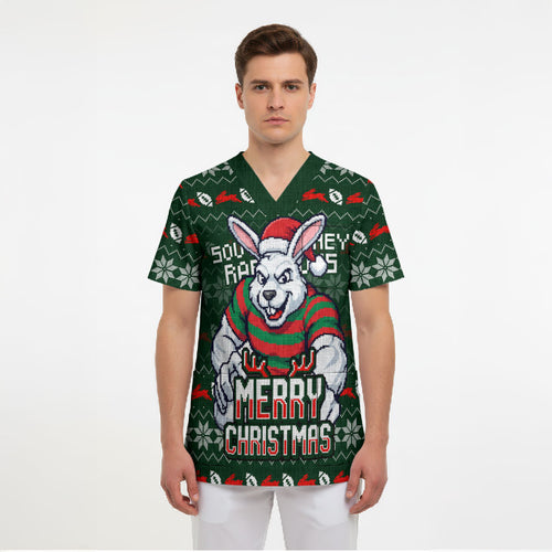 Personalized South Sydney Rabbitohs Christmas Scrub Top Australian Rugby Fans - Pixelated Ugly Xmas Pattern Mascot Santa