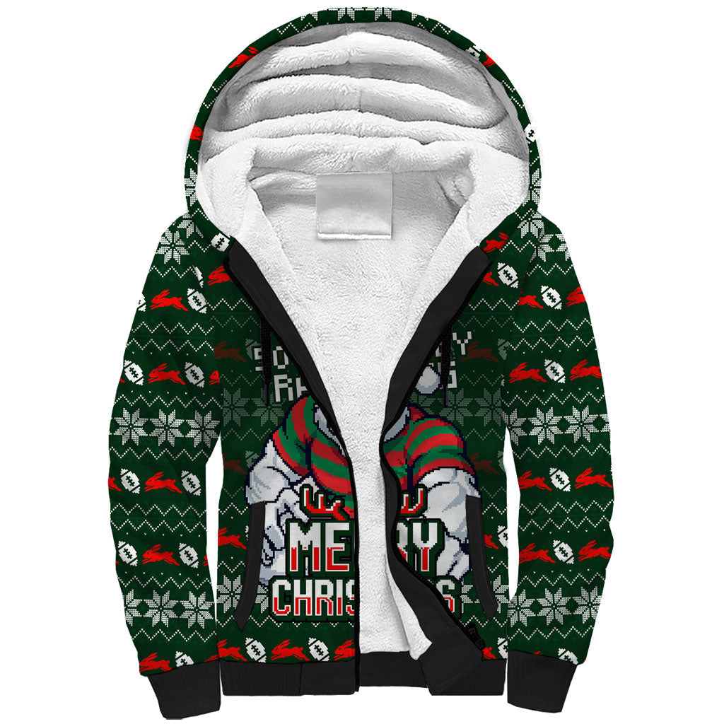 Personalized South Sydney Rabbitohs Christmas Sherpa Hoodie Australian Rugby Fans - Pixelated Ugly Xmas Pattern Mascot Santa