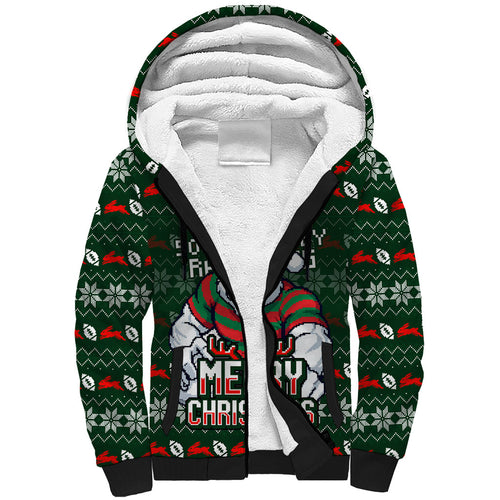 Personalized South Sydney Rabbitohs Christmas Sherpa Hoodie Australian Rugby Fans - Pixelated Ugly Xmas Pattern Mascot Santa