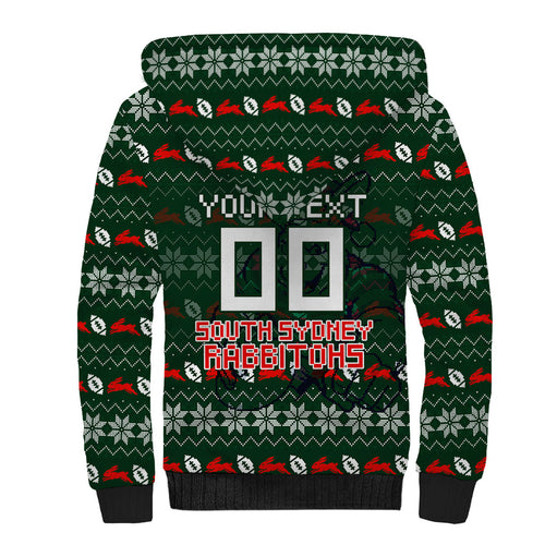 Personalized South Sydney Rabbitohs Christmas Sherpa Hoodie Australian Rugby Fans - Pixelated Ugly Xmas Pattern Mascot Santa