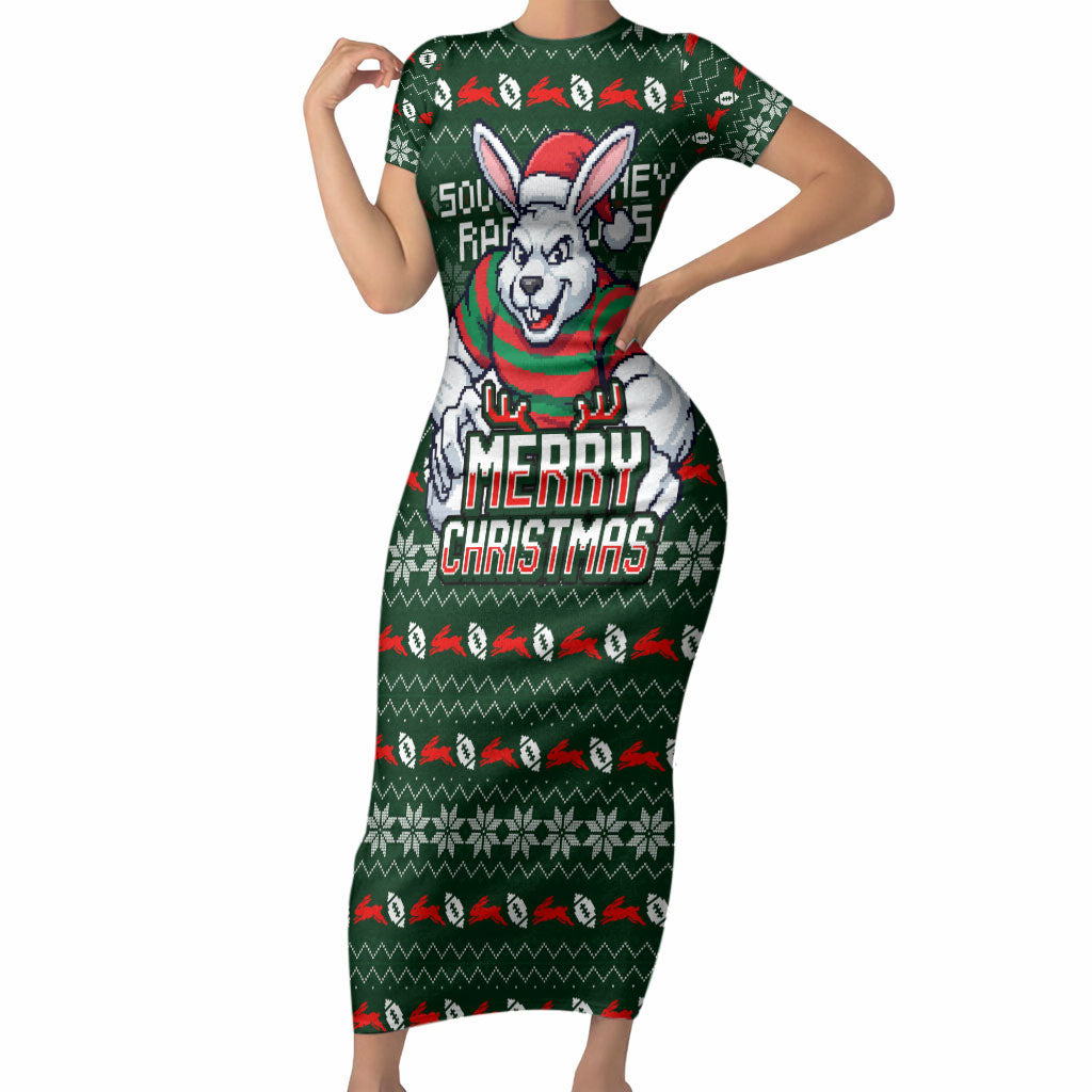 Personalized South Sydney Rabbitohs Christmas Short Sleeve Bodycon Dress Australian Rugby Fans - Pixelated Ugly Xmas Pattern Mascot Santa