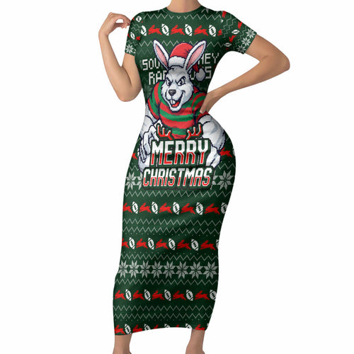 Personalized South Sydney Rabbitohs Christmas Short Sleeve Bodycon Dress Australian Rugby Fans - Pixelated Ugly Xmas Pattern Mascot Santa