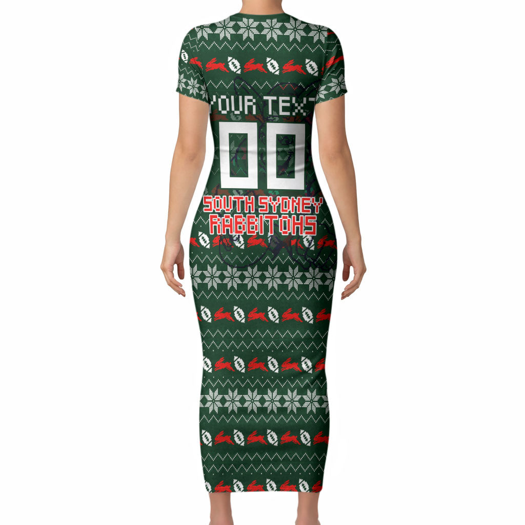 Personalized South Sydney Rabbitohs Christmas Short Sleeve Bodycon Dress Australian Rugby Fans - Pixelated Ugly Xmas Pattern Mascot Santa